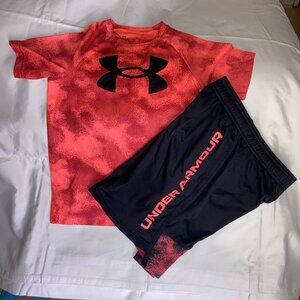 Boy's Red Under Armour Short Sleeve Shirt and Short 2 Piece Set